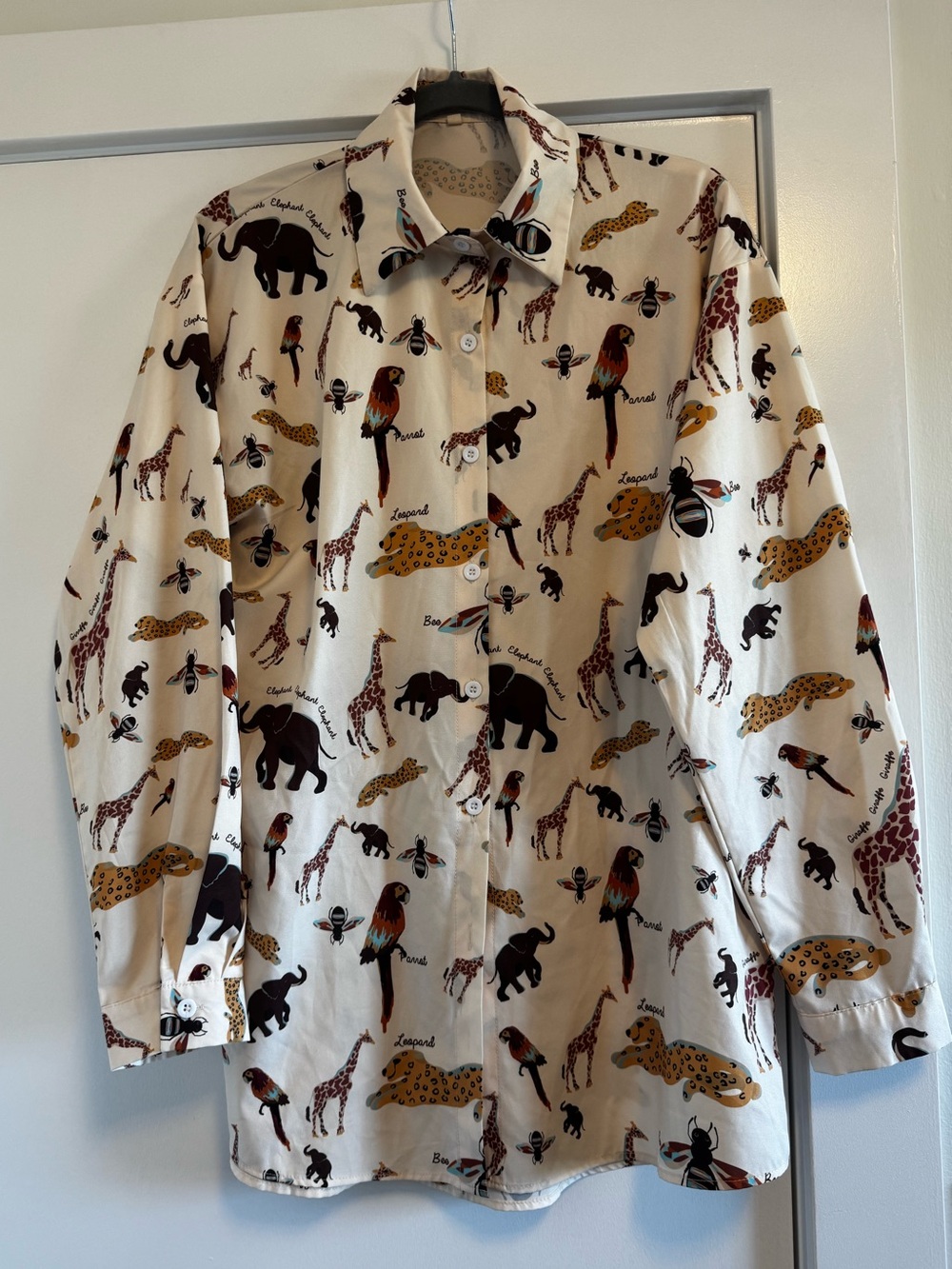 SHEIN Cream Animal-Print Long Sleeve Button-Up Shirt Size Large